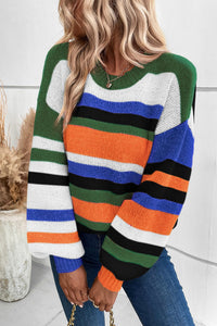 Multicolour Striped Knit Drop Shoulder Puff Sleeve Sweater | Tops/Sweaters & Cardigans