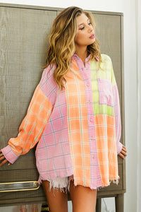 Color Block Top | Plaid Color Block Raw Hem Shirt