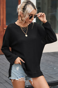 Oversized Top | Black Waffle Knit High Slits