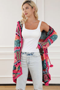 Rose Boho Aztec Knitted Pom Pom Tie Hooded Cardigan | Tops/Sweaters & Cardigans