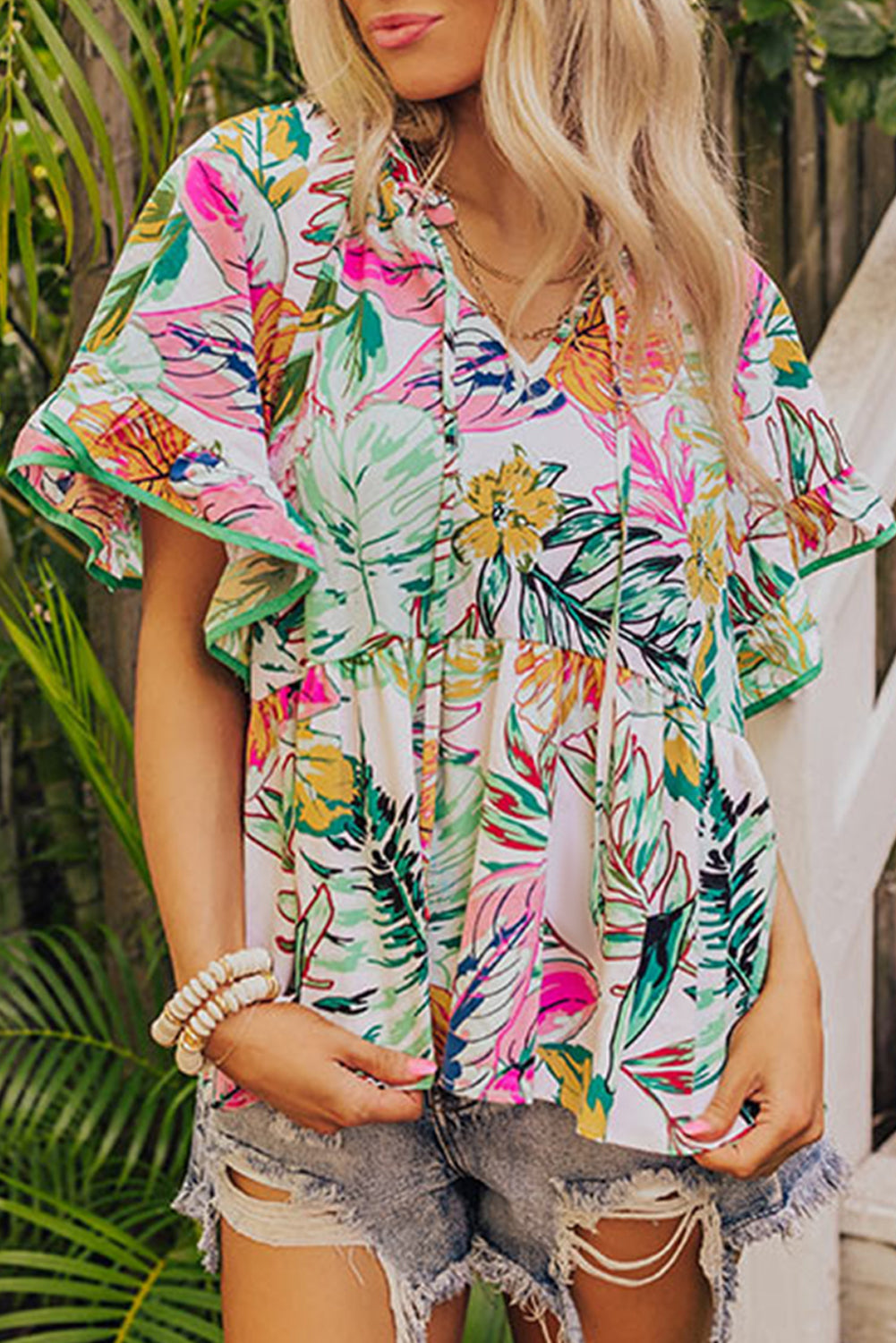 Short Sleeve Blouse | White Tropical Floral Print Ruffled Top