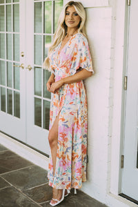 Multicolor Tropical Floral Print Ruched V Neck Maxi Dress | Dresses/Floral Dresses