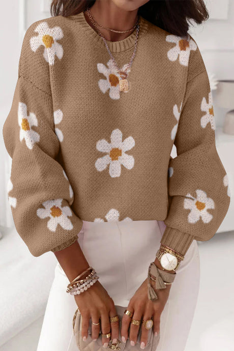 Pale Khaki Pink Floral Pattern Drop Shoulder Sweater | Tops/Sweaters & Cardigans