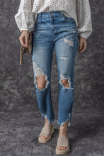 Load image into Gallery viewer, Sky Blue Ripped Knee Hole High Waist Jeans | Bottoms/Jeans
