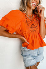 Load image into Gallery viewer, Puff Sleeve Top | Orange Hollowed Lace Blouse
