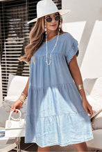 Load image into Gallery viewer, Denim Dress | Blue Ruffle Short Sleeve Tiered A-line Dress
