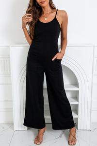 Jumpsuit | Black Patch Pockets Spaghetti Strap Wide Leg