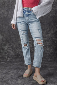 Sky Blue Light Wash Frayed Slim Fit High Waist Jeans | Bottoms/Jeans