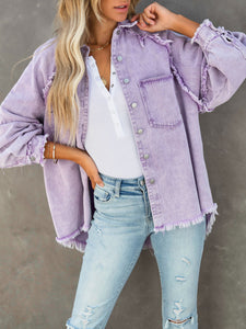 Womens Denim Jacket | Pink Button Down Raw Hem Denim Jacket | Denim Jacket