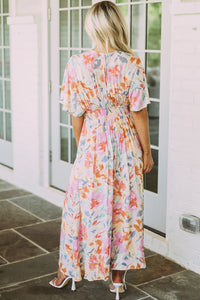 Multicolor Tropical Floral Print Ruched V Neck Maxi Dress | Dresses/Floral Dresses