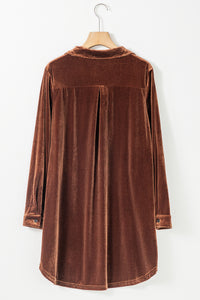 Velvet Mini Dress | Coffee V Neck Two Pockets Shift Dress