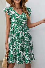 Load image into Gallery viewer, Dark Green Leaf Print V Neck Flutter Sleeve Dress | Dresses/Mini Dresses
