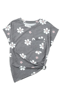 Gray Floral Cap Sleeve T-Shirt with Pocket | Tops/Tops & Tees