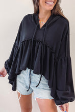 Load image into Gallery viewer, Black Oversized Ruffled High Low Hem Drop Shoulder Hoodie | Tops/Sweatshirts &amp; Hoodies
