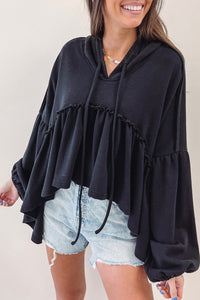 Black Oversized Ruffled High Low Hem Drop Shoulder Hoodie | Tops/Sweatshirts & Hoodies