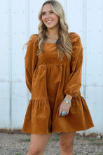 Load image into Gallery viewer, Chestnut Square Neck Puff Sleeve Tiered Corduroy Mini Dress
