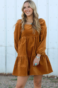 Chestnut Square Neck Puff Sleeve Tiered Corduroy Mini Dress