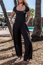 Load image into Gallery viewer, Black Pleated High Waist U Neck Short Sleeve Jumpsuit
