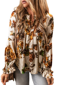 Floral Blouse | Apricot Split Neck Flounce Sleeve Top