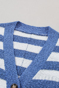 Hi Low Cardigan | Blue Stripe V Neck Buttoned Sweater