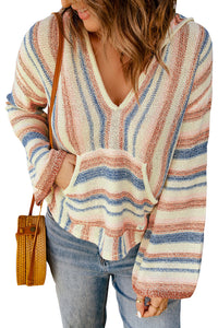 Multicolor Striped Knit Kangaroo Pocket Hooded Sweater | Tops/Sweaters & Cardigans