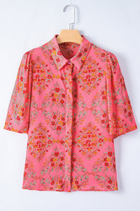 Rose Red Floral Print Wide Short Sleeve Loose Shirt | Tops/Blouses & Shirts