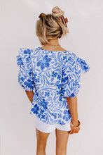 Load image into Gallery viewer, Dark Blue Floral Print Ruffled Bubble Sleeve Blouse
