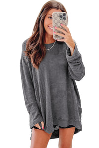 Gray Waffle Knit High Slits Oversized Top | Tops/Long Sleeve Tops