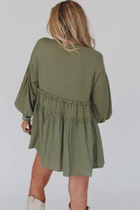 Green V Neck Puff Sleeve Frill Tiered Mini Dress | Dresses/Mini Dresses