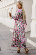 Load image into Gallery viewer, Green Floral Print Deep V Neck Ruched Cinched Waist Maxi Dress | Dresses/Floral Dresses
