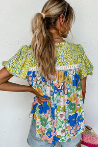 Green Bubble Sleeve Lace Trim Floral Mixed Print Blouse | Tops/Blouses & Shirts