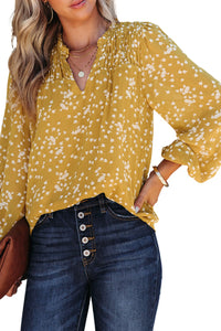 Yellow Split Neck Fall Printed Crinkled Blouse | Tops/Blouses & Shirts