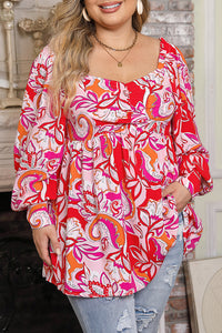 Babydoll Blouse | Fiery Red Plus Size Floral Sweetheart Neck