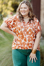 Load image into Gallery viewer, Orange Plus Size Floral Print Drawstring V Neck Short Sleeve Blouse | Plus Size/Plus Size Tops/Plus Size Blouses &amp; Shirts
