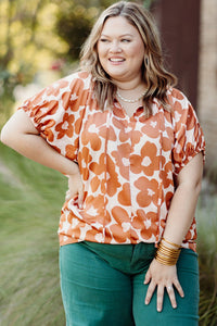 Orange Plus Size Floral Print Drawstring V Neck Short Sleeve Blouse | Plus Size/Plus Size Tops/Plus Size Blouses & Shirts