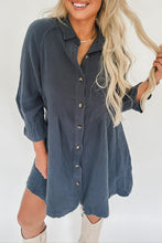 Load image into Gallery viewer, Sail Blue 3/4 Ruffled Sleeve Buttoned Crinkled Shirt Dress | Dresses/Mini Dresses
