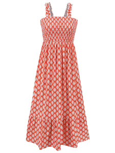 Womens Dress | Smocked Printed Square Neck Sleeveless Dress | Dress