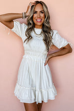 Load image into Gallery viewer, Mini Dress | White Tie Short Sleeves Smocked Ruffle Dress
