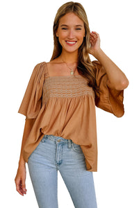 Brown Square Neck Wide Sleeves Flowy Top | Tops/Blouses & Shirts