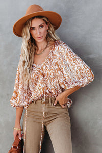 Drawstring Blouse | Brown 3/4 Sleeve Top