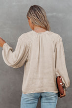 Load image into Gallery viewer, Khaki Pleated Balloon Sleeve Drawstring V-Neck Blouse
