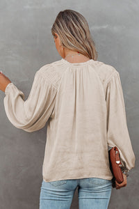 Khaki Pleated Balloon Sleeve Drawstring V-Neck Blouse