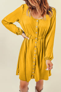 Yellow Button Up High Waist Long Sleeve Dress | Dresses/Midi Dresses