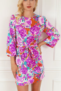 Mini Dress | Purple Floral Keyhole Back Long Sleeve Belted