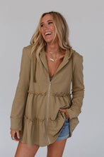 Load image into Gallery viewer, Khaki Tiered Ruffled Zip-Up Drawstring Hooded Jacket | Outerwear/Jackets
