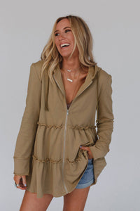 Khaki Tiered Ruffled Zip-Up Drawstring Hooded Jacket | Outerwear/Jackets