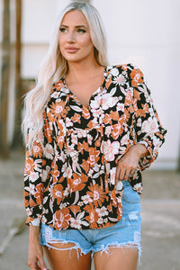 Brown Floral Print 3/4 Sleeve Babydoll Blouse | Tops/Blouses & Shirts