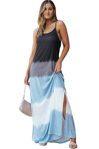 Maxi Dress | Sky Blue Spaghetti Strap Tie Dye Slit Dress