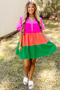 Multicolor Color Block Tiered Puff Sleeve Dress | Dresses/Mini Dresses