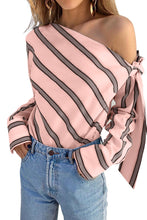 Load image into Gallery viewer, Tied Shoulder Blouse | Pink Striped Asymmetric Top
